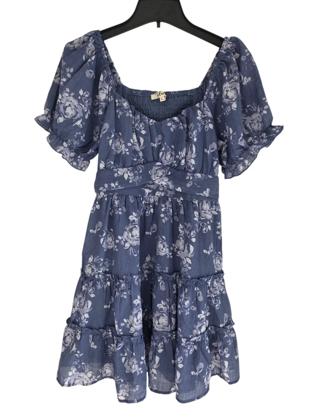 Blush Floral Mini Dress Puff Sleeves Tiered Skirt Blue Size Large